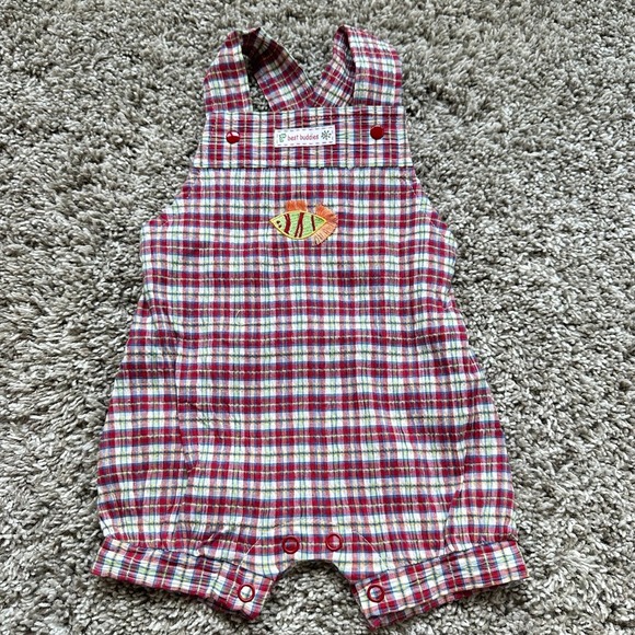 Vintage Best Buddies Plaid Shortall Romper Embroidered Fishing Summer Fall 0-3M - Picture 1 of 9